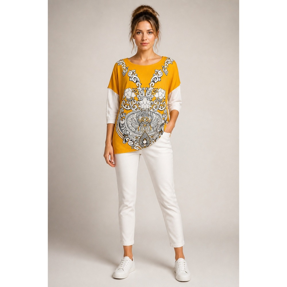 Pretty Angel Mustard Yellow Rhinestone Baroque Graphic Tunic Top Linen Blend OS